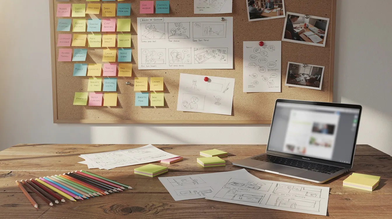 Ein kreativer Arbeitsplatz zeigt eine Pinnwand mit bunten Post-it-Notizen und Storyboard-Skizzen, ergänzt durch einen Laptop und Farbstifte auf einem Holztisch. Dieser Raum spiegelt die Elemente des transmedialen Storytellings wider, wo die Geschichte über verschiedene Medien hinweg erzählt wird.