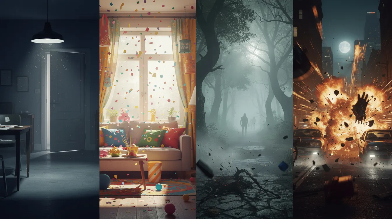 Das Bild zeigt vier verschiedene Filmgenre-Stimmungen nebeneinander: auf der linken Seite ein dunkler Raum eines Thrillers, daneben eine bunte und fröhliche Komödienszene, gefolgt von einem nebelverhangenen Horrorwald und schließlich eine explosionsreiche Actionszene. Jede Stimmung repräsentiert einen eigenen Akt der Geschichte, die unterschiedliche Emotionen und Atmosphären vermittelt.