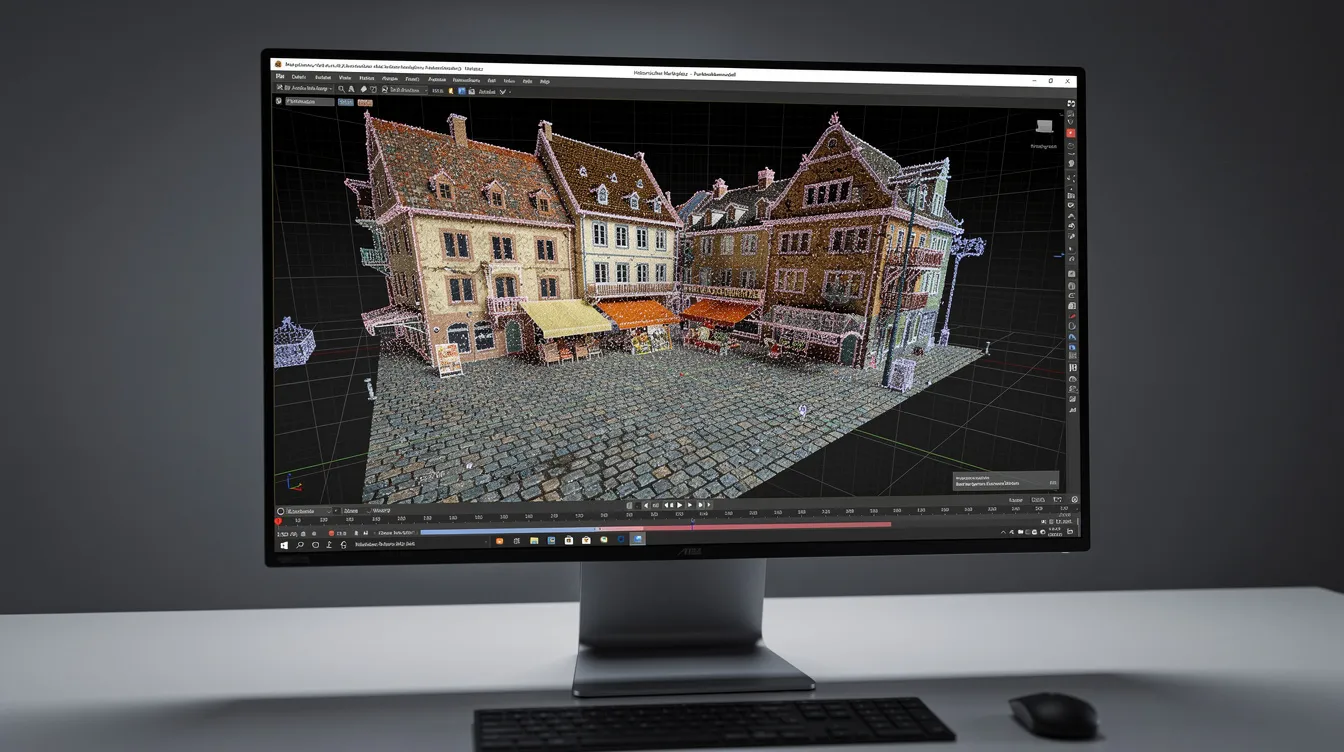 Das Bild zeigt ein 3D-Punktwolkenmodell eines historischen Marktplatzes auf einem Computerbildschirm, wobei farbige Punkte die Gebäudefassaden und Pflastersteine darstellen. Diese realitätsnahe Darstellung ermöglicht eine detaillierte Visualisierung der Architektur und der Umgebung, die durch moderne 3D-Scans und Realitätserfassung erstellt wurde.