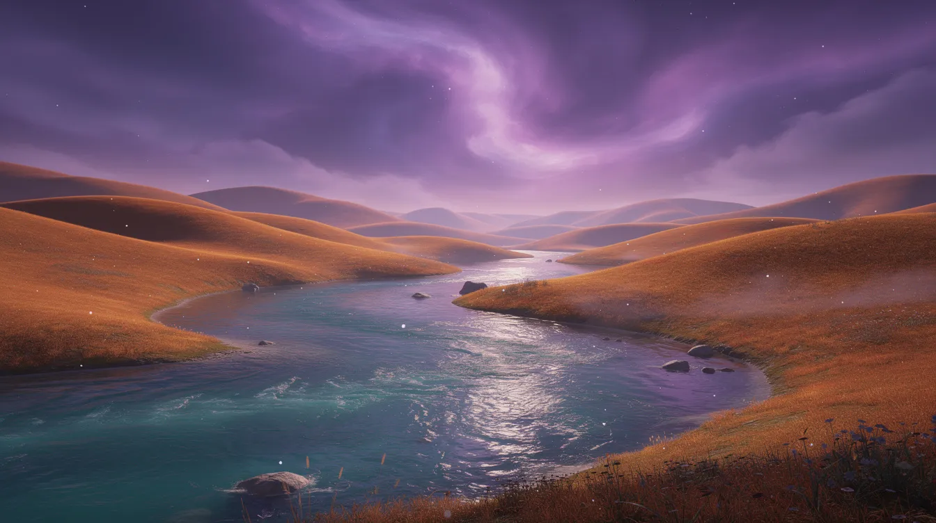 Die leuchtende, farbintensive Fantasielandschaft zeigt einen violetten Himmel über orangefarbenen Hügeln und einem gewundenen, türkisfarbenen Fluss. Diese Szenerie erinnert an die bunten Welten aus klassischen Animationsfilmen und könnte Teil eines zauberhaften Abenteuers in einem Zeichentrickfilm sein.