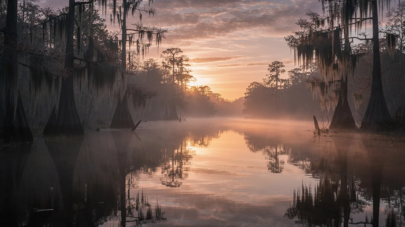 Die stimmungsvolle Landschaftsaufnahme zeigt einen Louisiana-Bayou bei Sonnenuntergang, wo Bäume mit spanischem Moos sich sanft im stillen Wasser spiegeln. Diese friedliche Szenerie erinnert an die tiefgreifenden Themen von Freiheit und Sklaverei, die in Filmen wie "12 Years a Slave" behandelt werden.