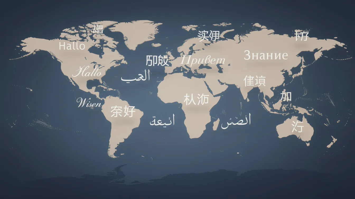 Die Weltkarte zeigt verschiedene Schriftsysteme wie lateinisch, kyrillisch, arabisch und chinesisch, die über den jeweiligen Regionen schwebend dargestellt sind. Diese visuelle Darstellung verdeutlicht die Vielfalt der Sprachen und Zeichencodierungen, die in verschiedenen Teilen der Welt verwendet werden.