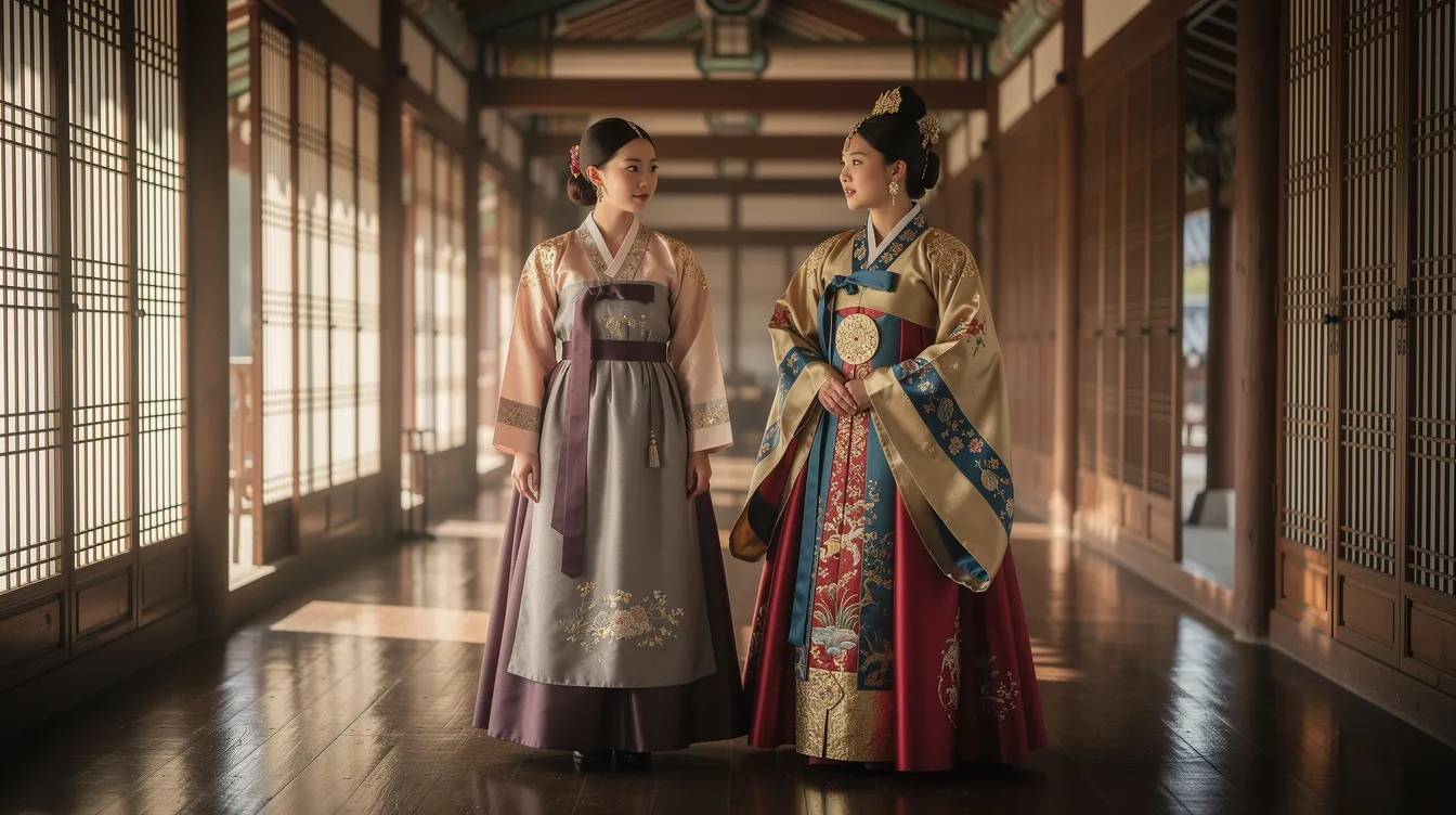 Eine junge Frau in traditioneller koreanischer Dienerinnen-Kleidung steht in einem eleganten Flur mit polierten Holzböden und Papierschiebetüren, während neben ihr eine weitere Frau in einem schicken Gewand posiert. Diese Szene erinnert an die Ästhetik des Films "The Handmaiden" von Park Chan-wook.