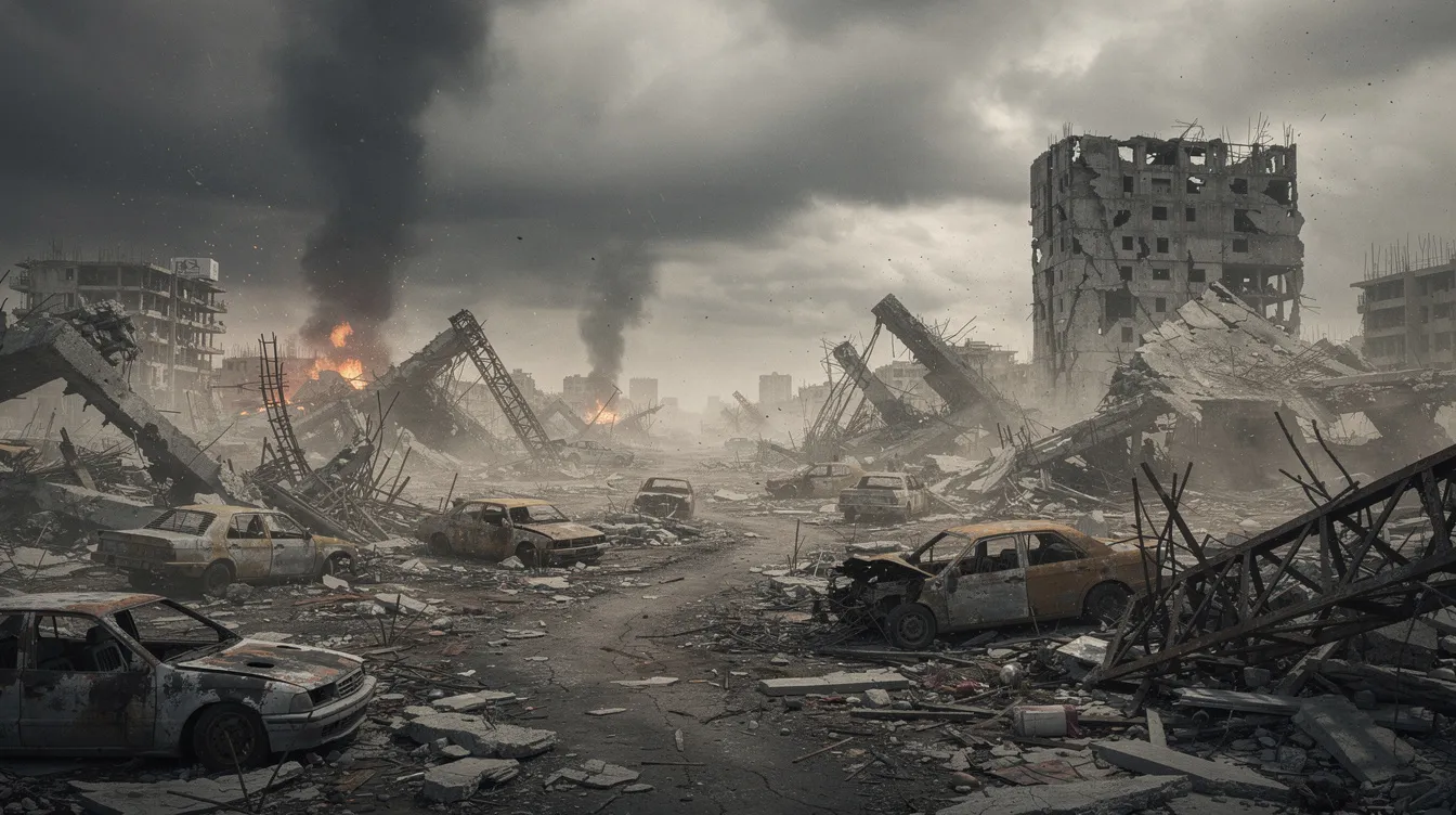 Die postapokalyptische Trümmerlandschaft zeigt zerfallene Ruinen, aus denen dichter Rauch aufsteigt, während der Himmel düster und bedrohlich wirkt. Diese Szene erinnert an die filmische Atmosphäre von "Terminator 2: Tag der Abrechnung", in der die Menschheit gegen die Herrschaft der Maschinen kämpft.