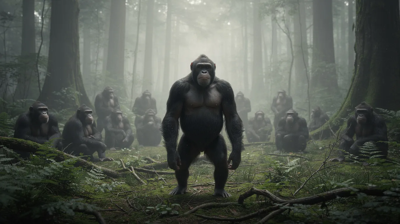 Ein Anführer-Affe steht majestätisch vor einer Gruppe von Affen in einem dichten, nebligen Wald, umgeben von Baumstämmen und Farnpflanzen. Diese Szene erinnert an die dramatischen Momente aus "Planet der Affen: Revolution", in der die Affen um ihre Freiheit kämpfen.