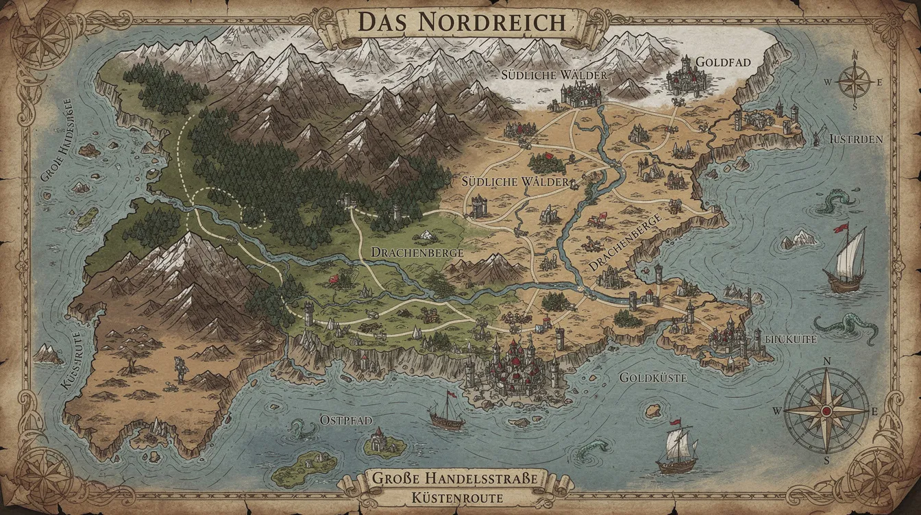 Die detaillierte Fantasy-Weltkarte zeigt verschiedene Regionen mit Bergen, Wäldern und Küsten, die durch Wege und Handelsrouten miteinander verbunden sind. Diese Karte ist ein integraler Bestandteil der Geschichte und ermöglicht es, die Elemente der Fiktion über multiple Medien hinweg zu erkunden.