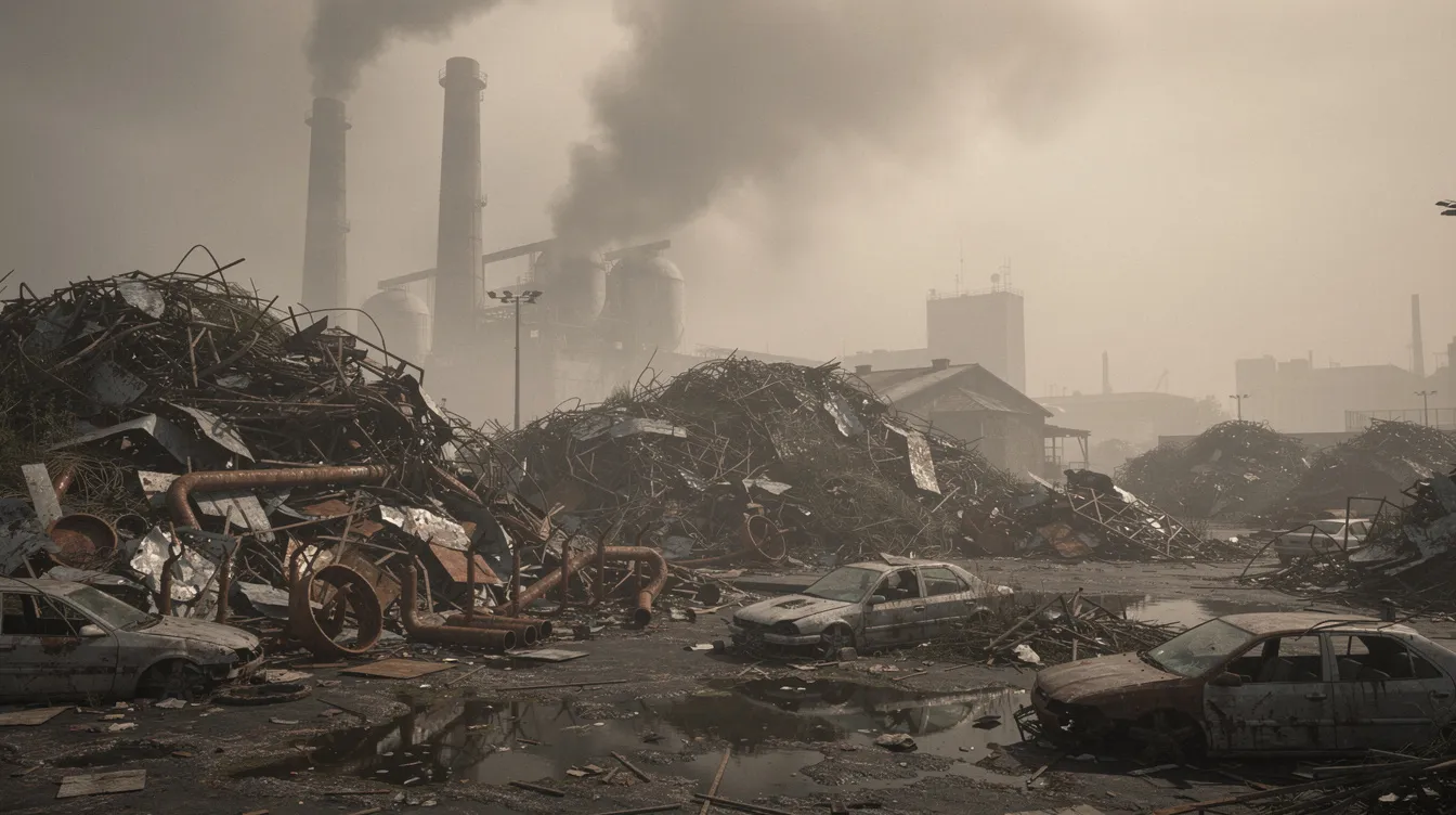 Die industrielle Ödlandschaft zeigt eine düstere Szenerie mit hohen Schornsteinen, aus denen dicker Rauch aufsteigt, und einem trüben Himmel in grauen und braunen Tönen. Im Vordergrund türmen sich Berge von Metallschrott, die an die dystopische Zukunft erinnern, wie sie in "Blade Runner 2049" dargestellt wird.