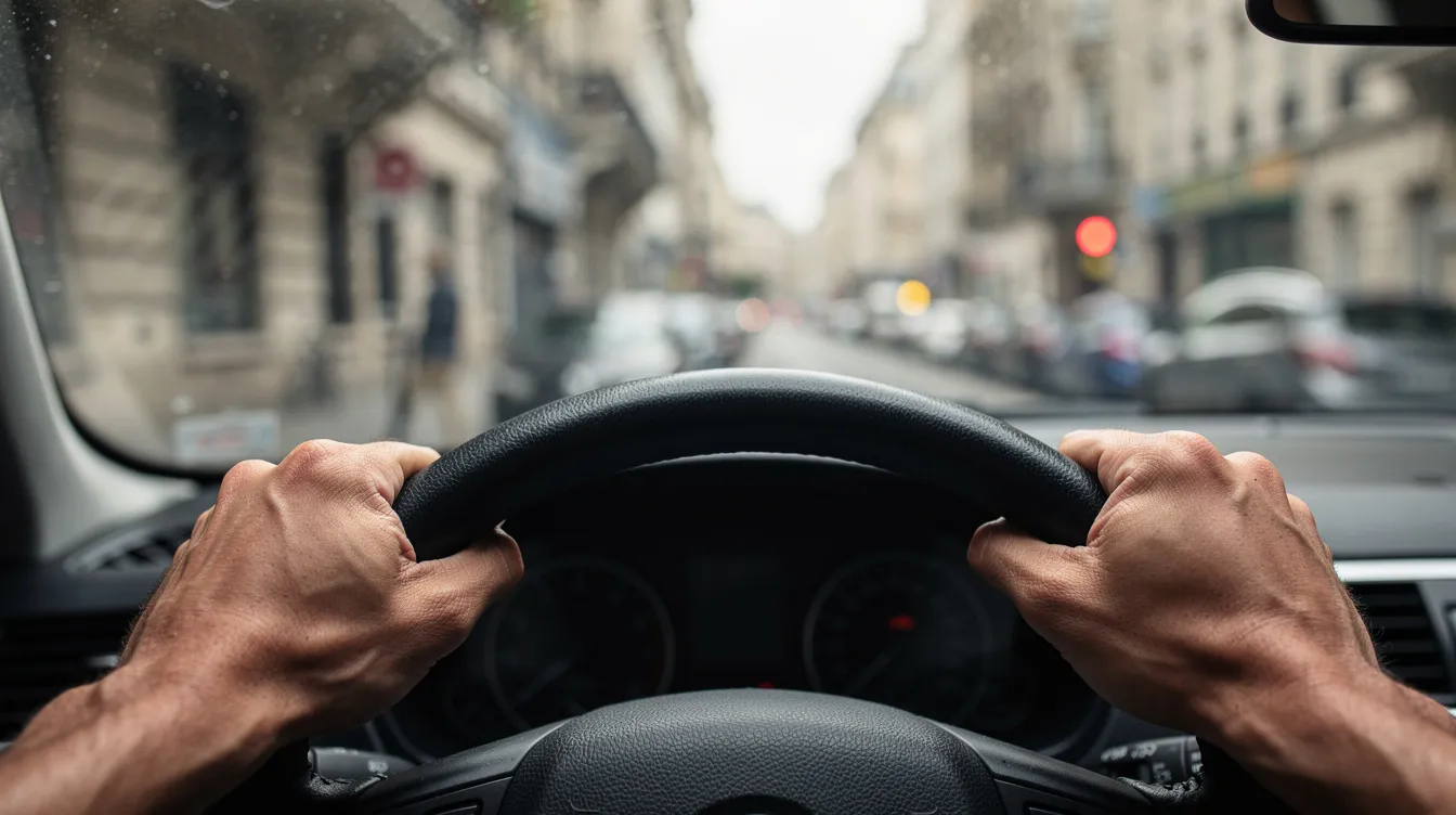 Die Nahaufnahme zeigt entschlossene Hände, die ein Lenkrad fest umschließen, während durch die Windschutzscheibe verschwommene Straßenszenen einer europäischen Stadt sichtbar sind. Diese Szene erinnert an die spannungsgeladene Atmosphäre des Films "Die Bourne Identität", in dem Jason Bourne auf der Flucht vor seinen Verfolgern ist.