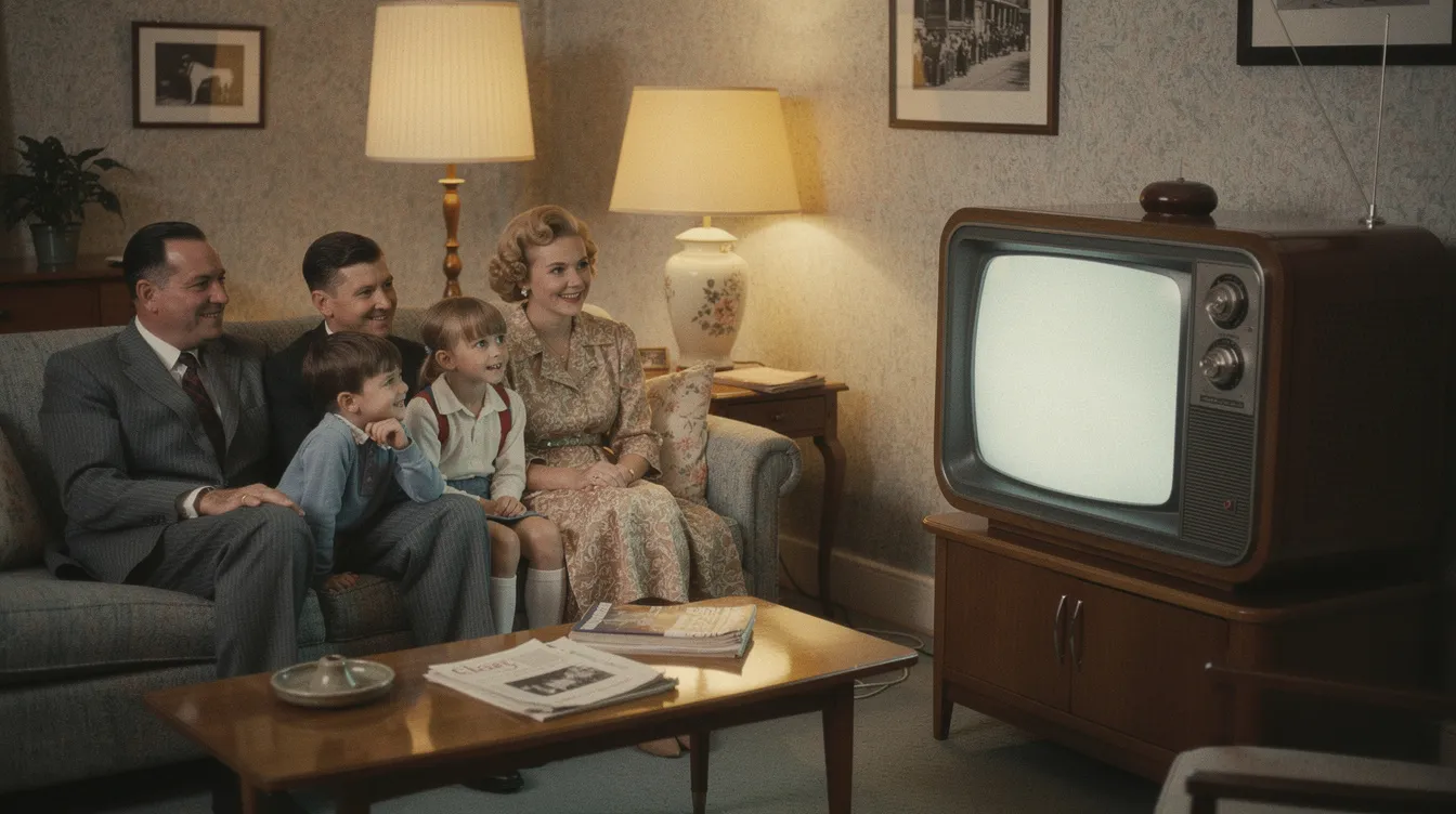 Das Bild zeigt ein Vintage-Fernsehgerät aus den 1950er-Jahren, das in einem gemütlichen Wohnzimmer platziert ist. Eine Familie sitzt entspannt auf dem Sofa und schaut gemeinsam eine TV-Show, während im Hintergrund die nostalgische Einrichtung des Raumes zu sehen ist.