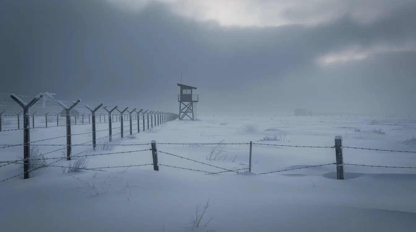Die verschneite Landschaft zeigt einen einsamen Wachturm hinter einem Stacheldrahtzaun, umgeben von gedämpften Blau- und Grautönen unter einem schweren Himmel. Diese düstere Szenerie könnte an die geheimnisvollen Elemente der Serie "The X-Files" erinnern, die sich mit Regierungskonspirationen und dem Mythos um Aliens auseinandersetzt.