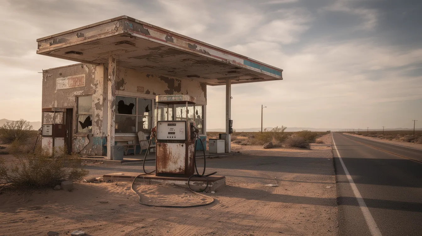 Die verfallene Tankstelle an einer einsamen Wüstenstraße zeigt rostige Zapfsäulen vor einem weiten Himmel, der die karge Schönheit von Texas widerspiegelt. Diese Szenerie erinnert an die melancholische Stimmung des Films "Paris, Texas" von Wim Wenders, der die Themen Verlust und Selbstfindung behandelt.