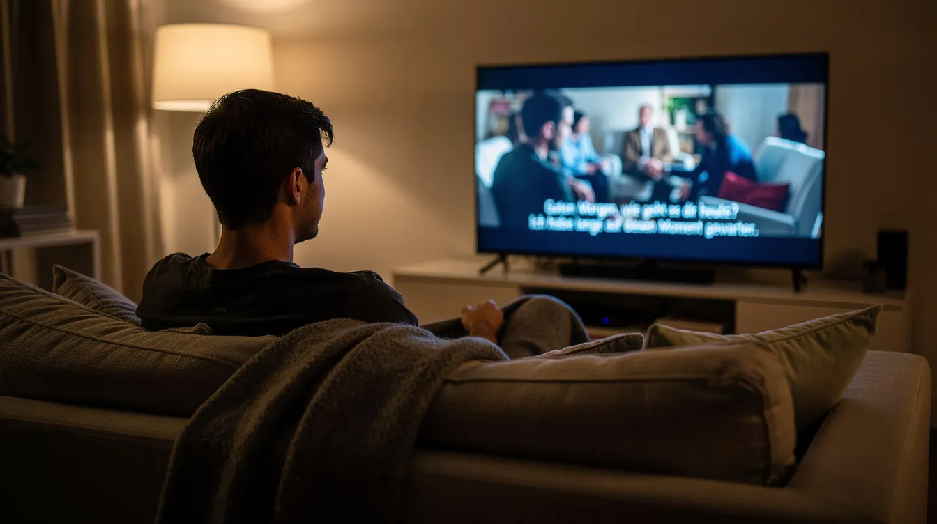 Eine Person sitzt entspannt auf einer Couch und schaut einen Film auf einem Fernseher, während die eingeblendeten Untertitel in deutscher Sprache erscheinen. Die Szene vermittelt ein Gefühl von Gemütlichkeit und Kommunikation durch die visuelle Codierung der Filmtexte.