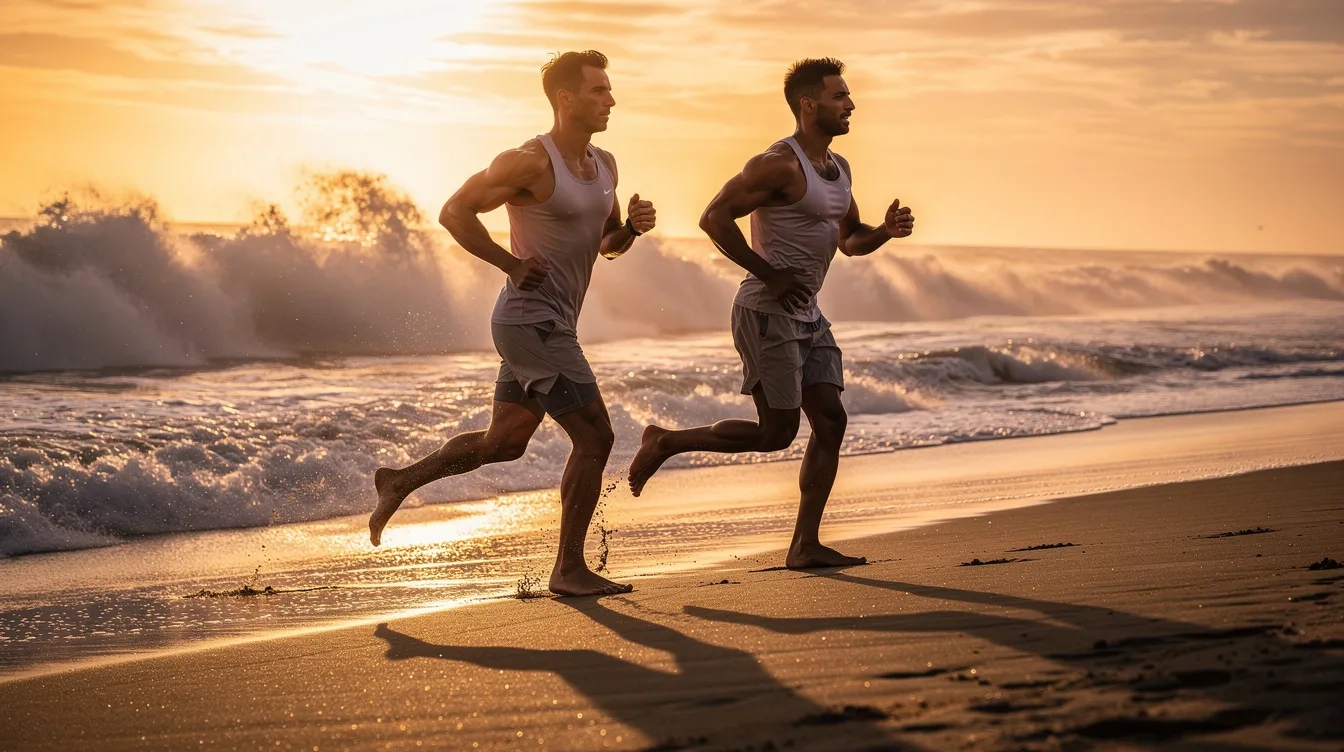 Zwei athletische Männer joggen bei Sonnenuntergang am Strand, während die Wellen sanft im Hintergrund brechen und das warme, goldene Licht die Szenerie beleuchtet. Diese dynamische Szene erinnert an den Kampfgeist und die Entschlossenheit, die in Filmen wie "Rocky III" verkörpert werden.