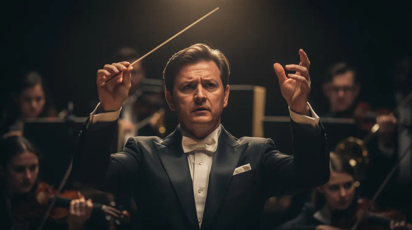 Die Nahaufnahme zeigt einen Orchesterdirigenten mit erhobenen Händen, der vor einem dunklen Hintergrund steht, während die Musiker im Halbdunkel hinter ihm sichtbar sind. Diese Szene verkörpert die Bedeutung und das Motiv der musikalischen Interpretation, in der die Stimmungen und Emotionen der Musik lebendig werden.