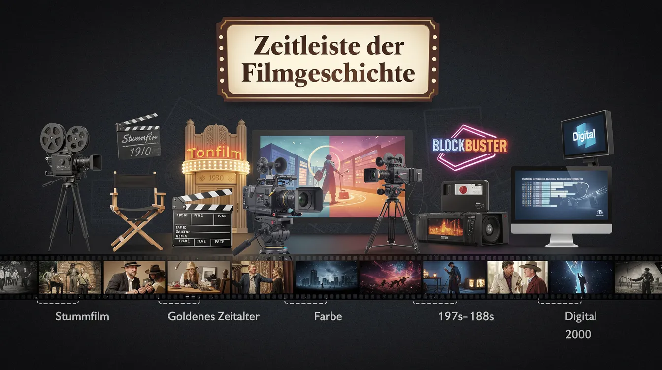 Die Zeitleiste zeigt filmhistorische Meilensteine, dargestellt durch Filmklappen, Kameras und Leinwände, die verschiedene Epochen des 20. und 21. Jahrhunderts repräsentieren. Diese visuelle Darstellung verdeutlicht die Entwicklung des Geschichtenerzählens in der Unterhaltungsindustrie und die Konvergenzkultur, in der alte und neue Medien miteinander kollidieren.