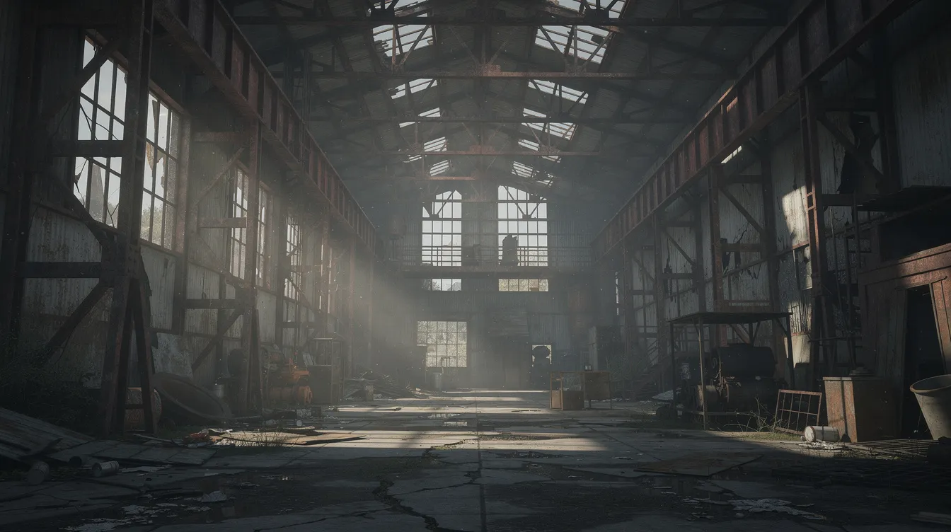 Die verlassene Industriehalle zeigt rustikale Metallstrukturen, die von gedämpftem Licht und tiefen Schatten umgeben sind. Diese Atmosphäre erinnert an die düstere Welt von "Terminator", in der Maschinen und Menschen um das Überleben kämpfen.