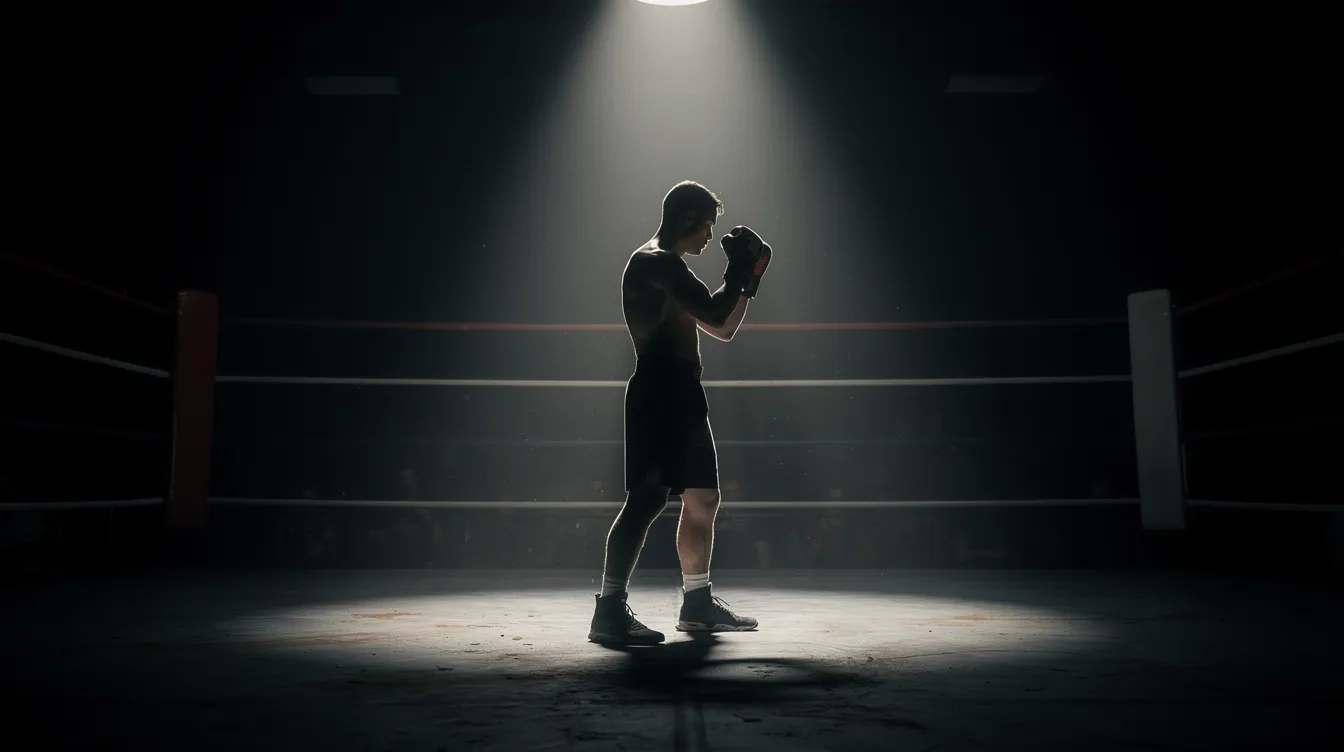 Die Silhouette eines Boxers steht allein in einem leeren, schwach beleuchteten Ring, mit leicht erhobenen Armen und dramatischem Gegenlicht von oben. Diese Szene evoziert die Atmosphäre von "Rocky III", in der der Kämpfer sich auf seinen nächsten Titelkampf vorbereitet.
