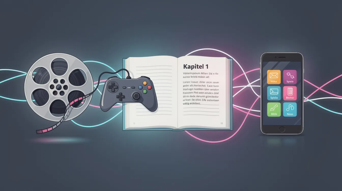 Die Illustration zeigt verschiedene Medienformate, darunter eine Filmrolle, einen Spielcontroller, ein aufgeschlagenes Buch und ein Smartphone, die durch leuchtende Linien miteinander verbunden sind. Diese Darstellung verdeutlicht das Konzept des Transmedia Storytelling, bei dem integrale Elemente einer Geschichte systematisch über mehrere Medien hinweg verteilt werden.