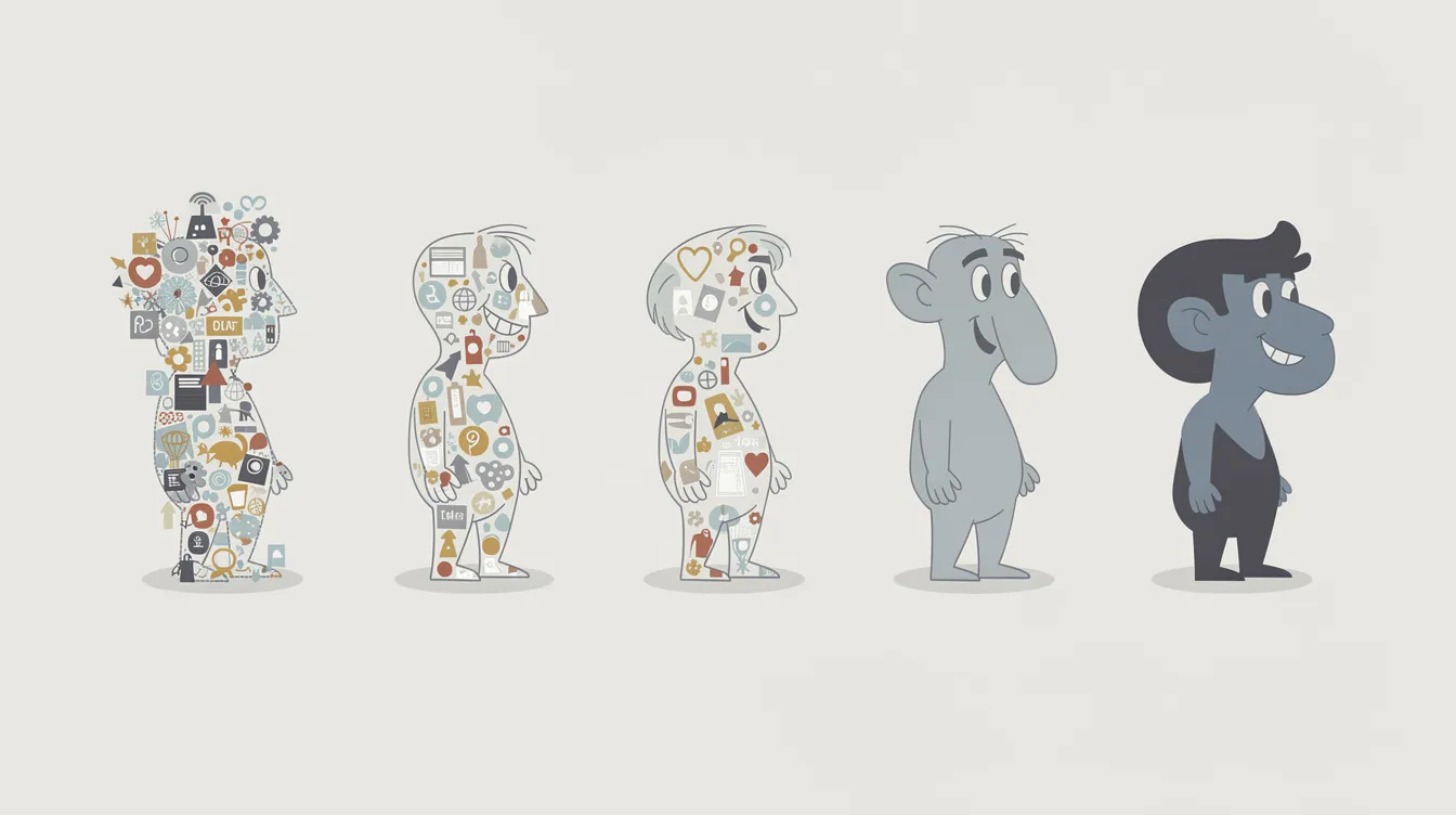 Die Illustration zeigt eine Figur, die sich über die Zeit von einer komplexen Persönlichkeit in eine vereinfachte Karikatur verwandelt. Diese Transformation wird durch eine Reihe von Silhouetten dargestellt, die den Prozess der Flanderization symbolisieren, wobei der Charakter zunehmend vereinfacht wird.