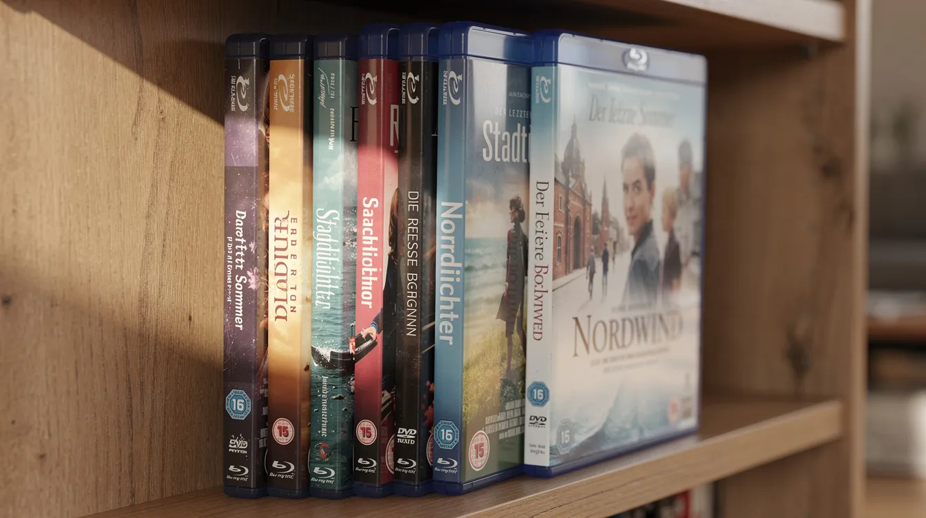 Auf dem Holzregal sind mehrere DVD- und Blu-ray-Hüllen nebeneinander aufgereiht, darunter auch Klassiker wie "Die Ritter der Kokosnuss" von Monty Python. Die Hüllen zeigen verschiedene Cover-Designs, die die humorvollen Abenteuer von König Arthur und seinen Rittern illustrieren.