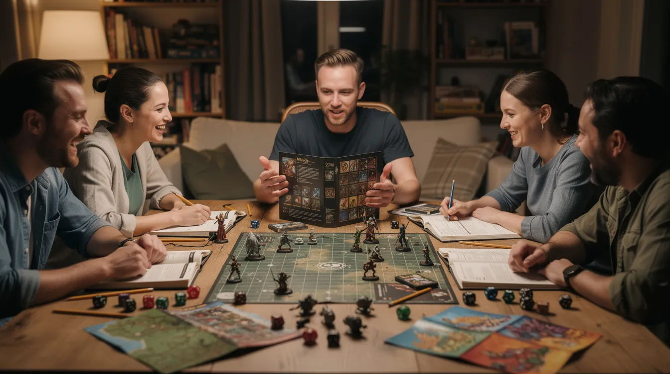 Eine Gruppe von Personen sitzt an einem Tisch und spielt ein Tisch-Rollenspiel, umgeben von Würfeln, Miniaturfiguren und Landkarten. Die Atmosphäre ist lebhaft, während die Teilnehmer in die Charaktere eintauchen und strategische Entscheidungen treffen.