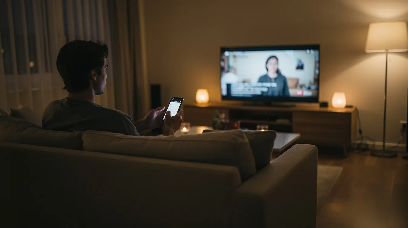 Eine Person sitzt entspannt auf einem Sofa im weichen Licht des Wohnzimmers, während sie ein Smartphone in der Hand hält und auf den Fernseher schaut, der ein Abendprogramm zeigt. Diese Szene veranschaulicht die Nutzung von Second Screens, bei der Zuschauer gleichzeitig Fernsehen und soziale Medien oder Apps auf ihrem mobilen Gerät verwenden.