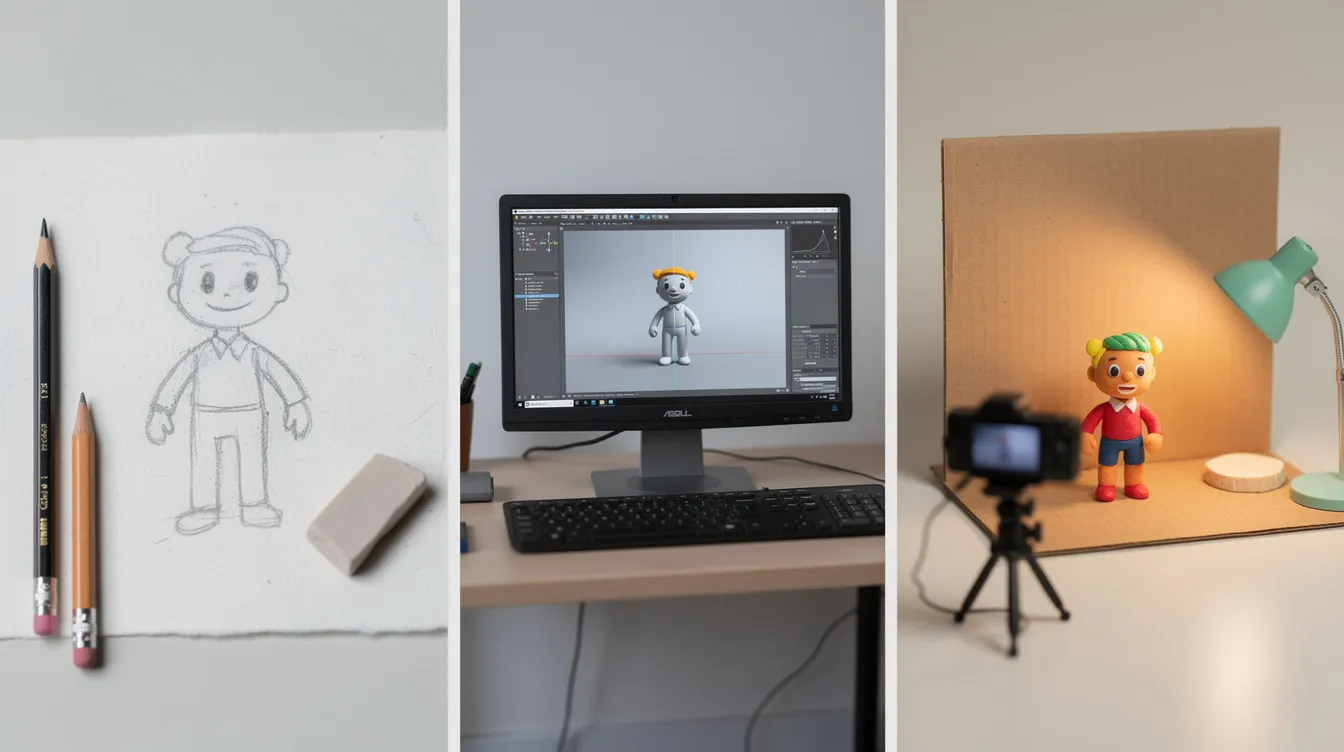 Das Bild zeigt drei nebeneinander stehende Miniaturszenen, die verschiedene Animationstechniken veranschaulichen: eine handgezeichnete Figur auf Papier, ein kleines 3D-Modell auf einem Computerbildschirm und eine Knetfigur auf einem Miniaturset. Diese Darstellungen repräsentieren die Vielfalt der Animationsfilme, von klassischen Zeichentrickfilmen bis hin zu modernen Stop-Motion-Animationen.