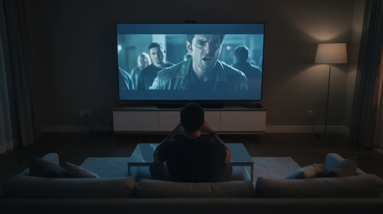 In einem abgedunkelten Wohnzimmer sitzt eine Person allein auf dem Sofa und schaut gebannt auf den großen Fernseher, der eine dramatische Schlussszene der Serie zeigt. Das Bild auf dem Bildschirm strahlt Spannung aus und lässt die Zuschauer auf das Ende der Episode warten.