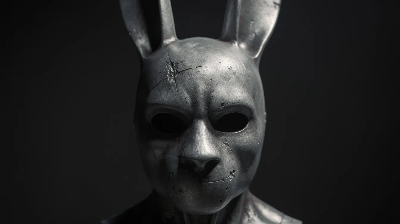 Die Nahaufnahme zeigt eine beunruhigende, metallisch graue Hasenmaske mit leeren Augenhöhlen, die vor einem dunklen Hintergrund platziert ist. Diese Maske erinnert an das mysteriöse Wesen Frank aus dem Kultfilm "Donnie Darko", der mit Themen wie dem Ende der Welt und Sci-Fi-Elementen spielt.