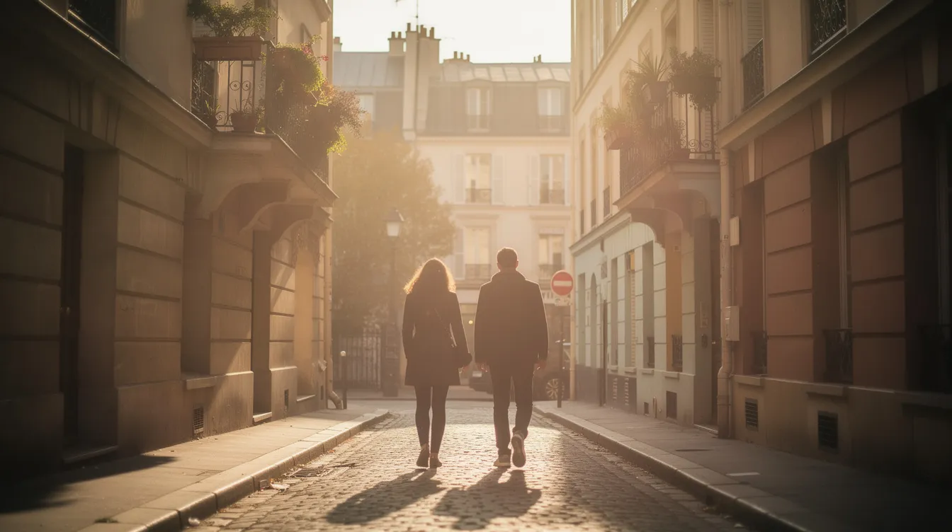 Zwei Personen, ein Mann und eine Frau, gehen nebeneinander durch eine sonnendurchflutete Gasse in Paris. Warmes Nachmittagslicht fällt zwischen den charmanten Häuserfassaden hindurch und schafft eine cinematische Atmosphäre, die an die romantischen Begegnungen in Filmen wie "Before Sunrise" erinnert.