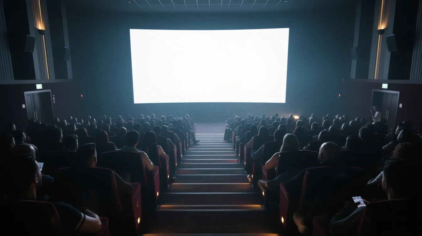 Der Kinosaal ist dunkel beleuchtet, während das Publikum gebannt auf die große Leinwand schaut, auf der ein Film projiziert wird. Die Atmosphäre ist gespannt und begeistert, was die Bedeutung des Films in der heutigen Filmindustrie unterstreicht.