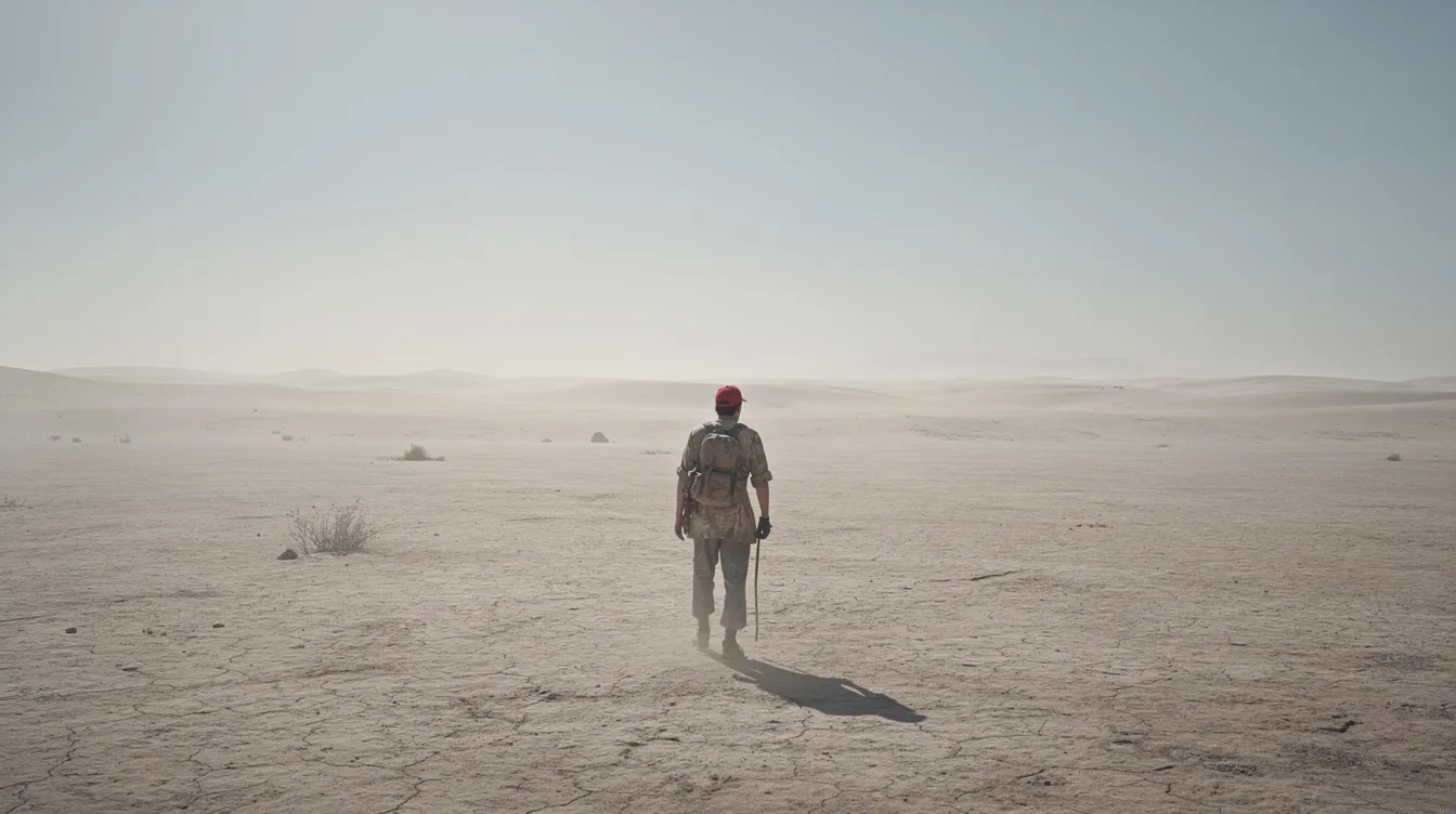 Eine einsame Figur mit einer roten Kappe wandert durch eine weite, karge Wüstenlandschaft, während die gleißende Sonne auf die Ödnis scheint. Diese Szene erinnert an die Atmosphäre des Films "Paris, Texas" von Wim Wenders und spiegelt die Themen von Selbstfindung und Verlust wider.