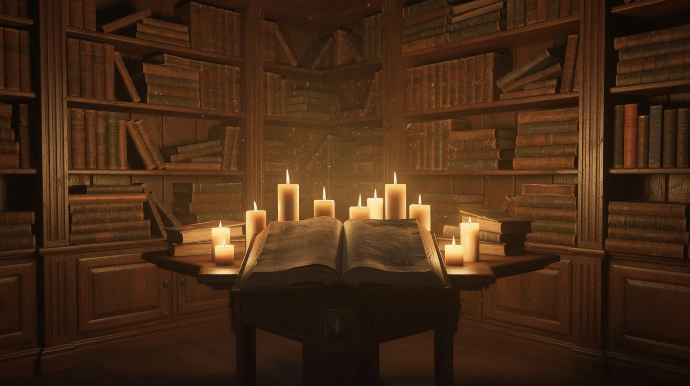Der Raum ist mit schweren, dunklen Holzregalen gefüllt, die alte Bücher beherbergen. In der Mitte steht ein Lesepult, umgeben von warmem Kerzenlicht, das sanfte Schatten an die Wände wirft und eine geheimnisvolle Atmosphäre schafft, die an die Ästhetik von "The Handmaiden" erinnert.