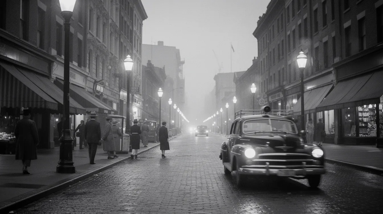 Die Schwarz-Weiß-Aufnahme zeigt eine städtische Straßenszene der 1940er Jahre, in der Straßenlaternen leuchten und ein Polizeiauto vorbeifährt. Diese Darstellung erinnert an das Genre der Polizeiserien und die dramatischen Elemente, die in vielen TV-Shows dieser Zeit zu finden sind.