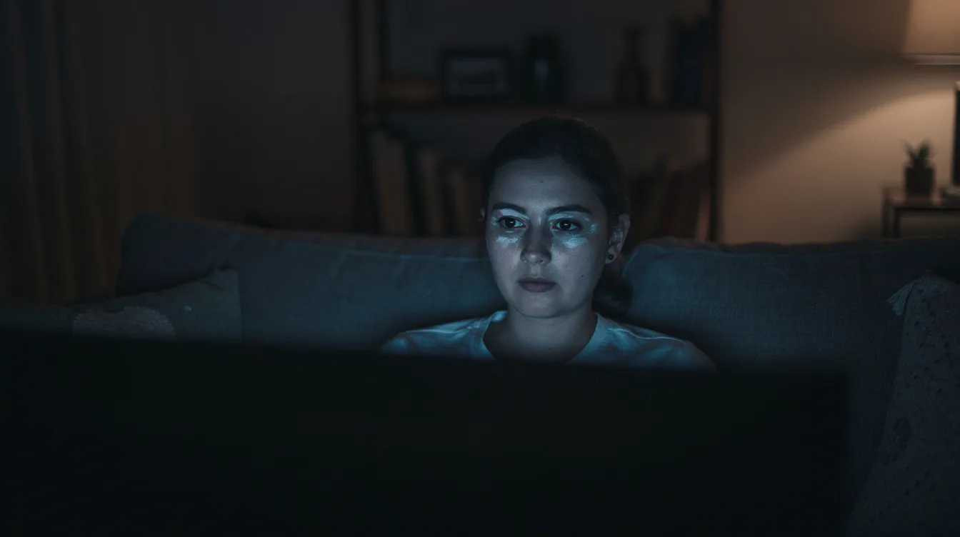 Eine Person sitzt entspannt auf einem Sofa in einem dunklen Wohnzimmer, während ihr Gesicht vom Licht des Fernsehbildschirms beleuchtet wird. Die Szene erinnert an die Eröffnung einer TV-Show, in der die Charaktere in einem intimen Moment eingefangen werden.