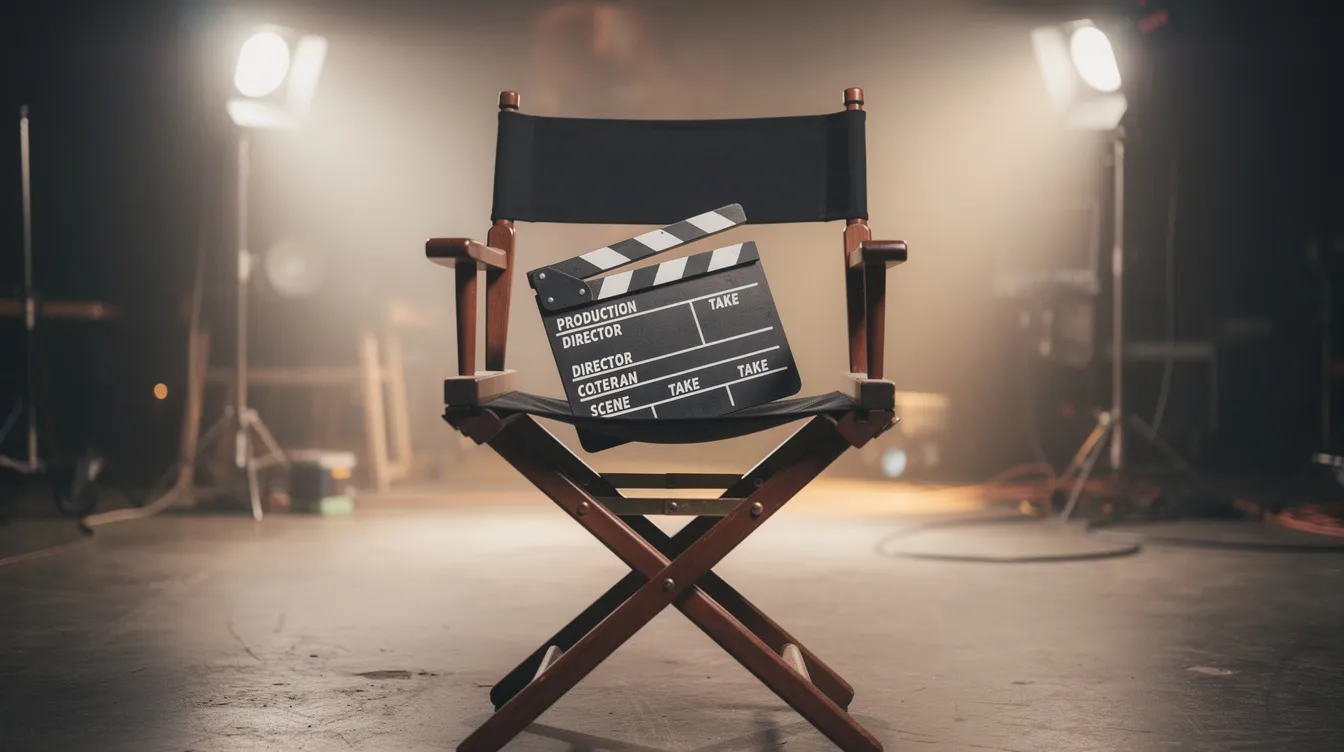 Auf dem Bild sieht man eine Filmklappe, die auf einem Regiestuhl steht, während im Hintergrund eine beleuchtete Filmset-Kulisse zu sehen ist. Diese Szene vermittelt das Gefühl, dass hier gerade die erste Szene eines neuen Films gedreht wird.