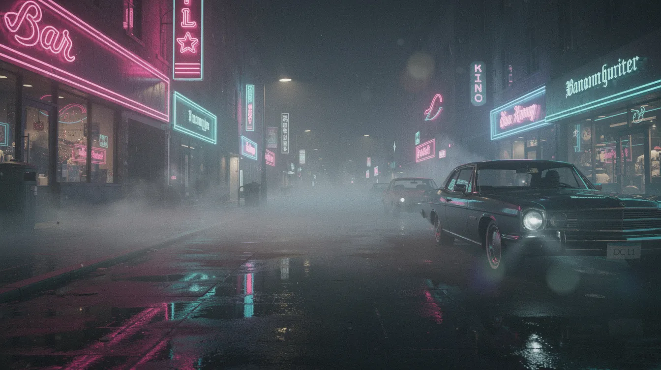 Die dunkle Stadtstraße bei Nacht ist von Neonlichtern beleuchtet, während der Nebel über die nassen Gehwege zieht und eine Atmosphäre wie in einem 1980er-Jahre-Actionfilm schafft. Diese Szenerie erinnert an die düstere Welt aus "Terminator", in der Maschinen und Menschen um das Überleben kämpfen.