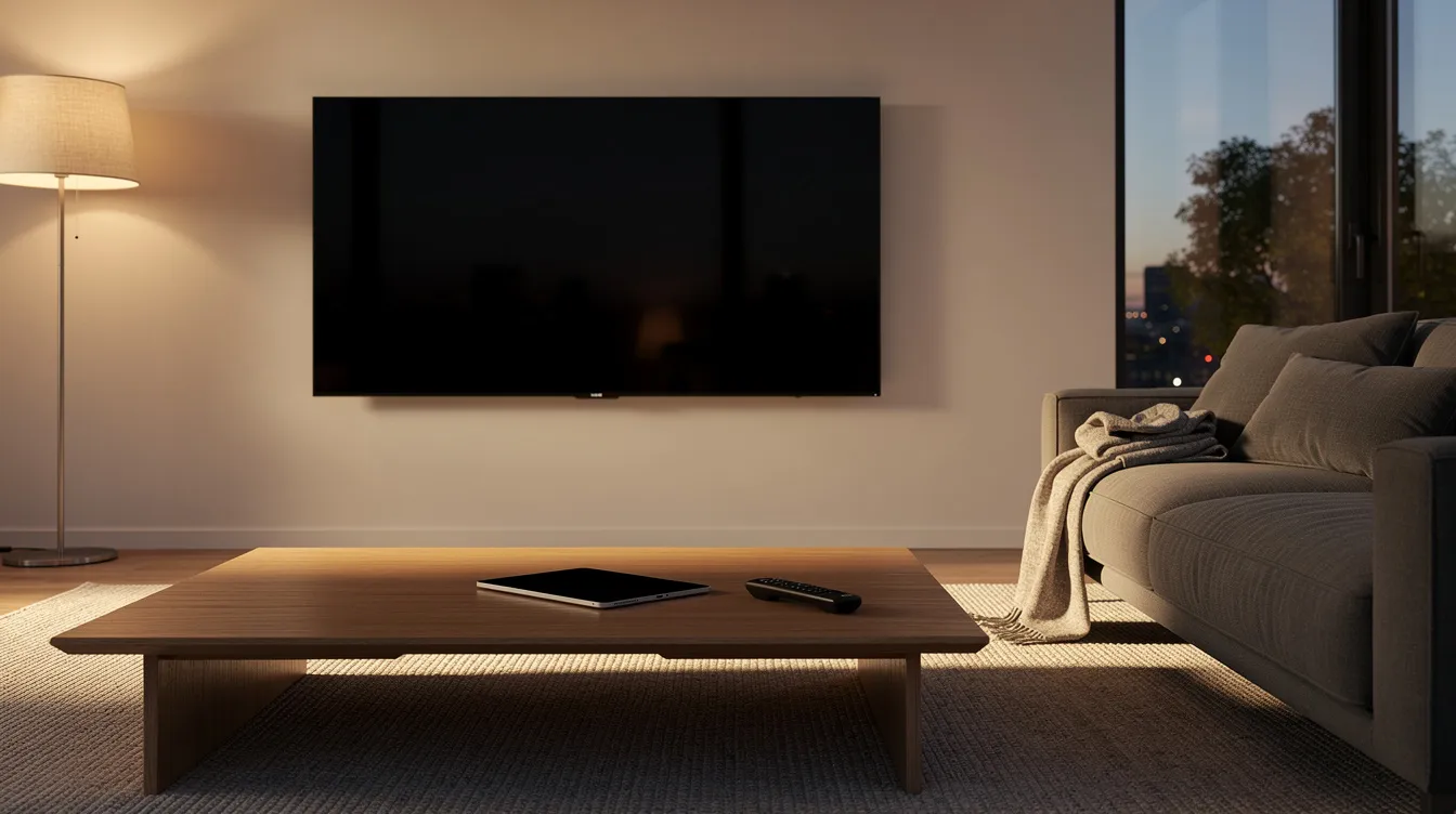 Ein modernes Wohnzimmer mit einem großen Flatscreen-Fernseher, auf dem ein spannendes TV-Programm läuft. Auf dem Couchtisch liegen ein Smartphone und ein Tablet, die die Second Screen Nutzung verdeutlichen, während warmes Abendlicht den Raum in eine gemütliche Atmosphäre taucht.