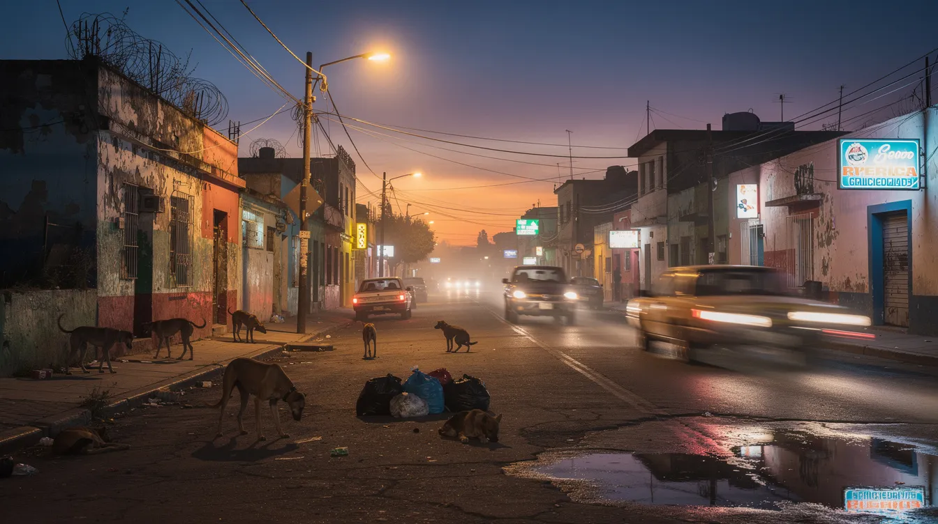 Eine atmosphärische Straßenszene in Mexiko-Stadt bei Dämmerung zeigt Straßenhunde, die umherstreifen, während Autos vorbeifahren und heruntergekommene Hausfassaden im Hintergrund sichtbar sind. Diese Kulisse spiegelt die rauen Realitäten und die Geschichten wider, die das Drama in Alejandro González Iñárritus Werk "Amores Perros" prägen.